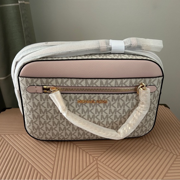 Michael Kors Cream Blush Pink Crossbody Bag Jet Set Signature Style Chain Logo - Picture 10 of 10
